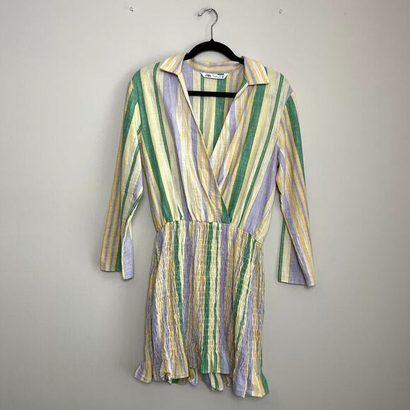 Zara The Valery Pastel Multicolored Striped Smocked Bottom Collared Shirt Dress - Picture 3 of 6